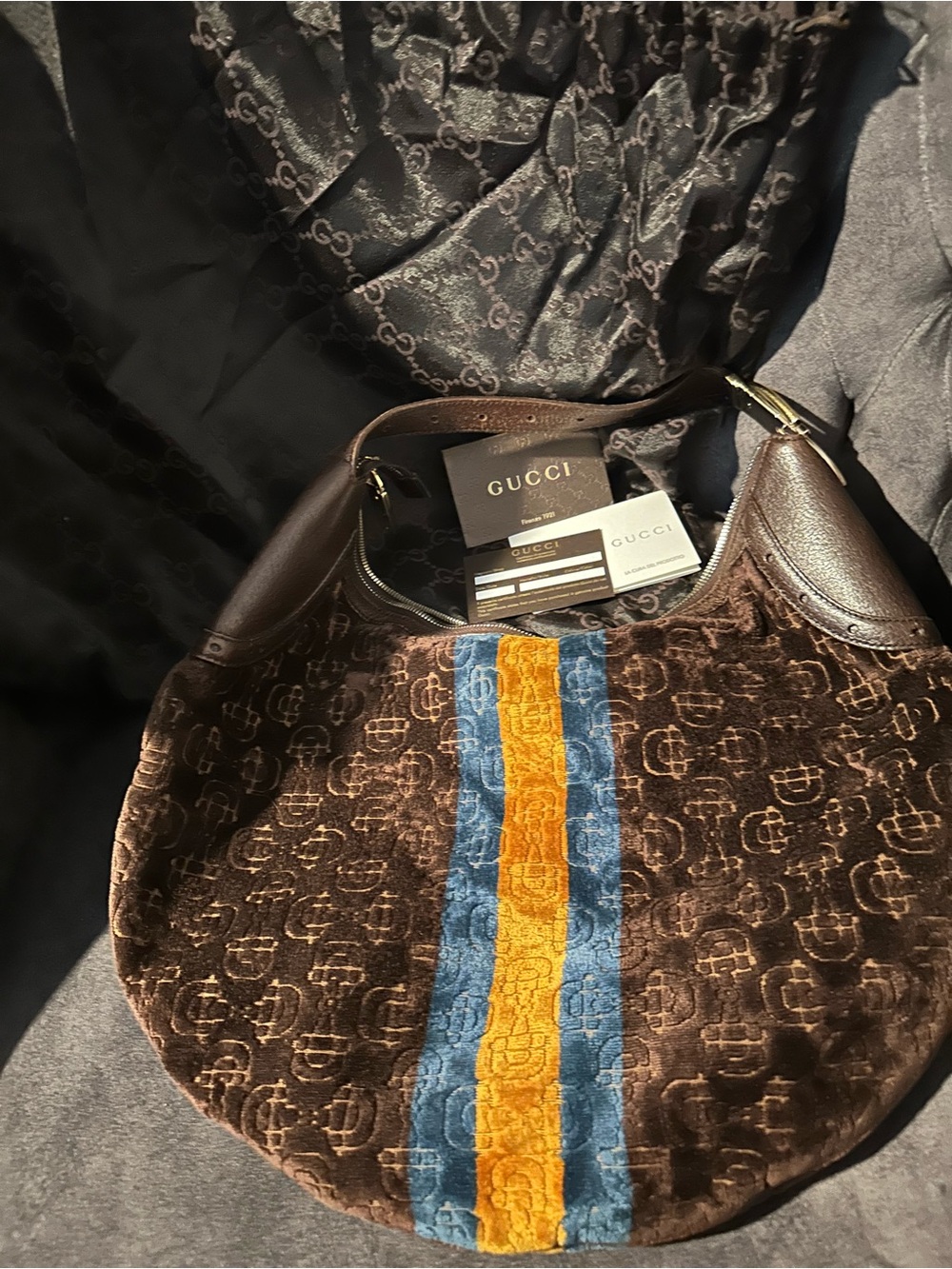 Gucci Brown Velvet Hobo with Blue and Gold Center Stripes